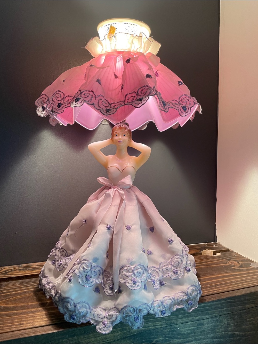 1950s Lavender Pink Lady Lamp with Embroidered Skirt